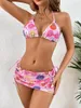 Women's Swimwear Cute Designer Bikini Set 2024 Women Halter Pink Cartoon Print Skirt 3 Piece Swimsuit Beach Bathing Suit Cover Up Micro
