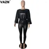 Pantaloni a due pezzi da donna VAZN 2024 Autunno Set in pelle nera Quotidiano Elegante Ufficio High-end Gruppo manica lunga Slim Donna 2