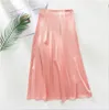 Jupes 2024 Été Femmes Rose Vert Soie Satin Jupe Vintage Mode Coréenne Taille Haute Taille Midi Pour Femmes A-ligne Élégant Jumper