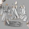 Hemkläder avslappnad loungewear set elegant satin spets pyjama med snörning midja lapptäcke detalj 5 stycken kvinnors sömnkläder för komfort