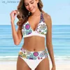 Kvinnors badkläder Kvinnor strandkläder damer lämnar mönster väst tankini badkläder baddräkt två stycken bikini set baddräkter strand strandkläder s-6xl t240330