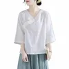 Zomer Cott Linnen Shirt Kleding voor Vrouwen Vintage Chinese Stijl Elegante Dres Traditial Kleding Lg Mouw Top V-hals J9rB #