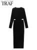 Grundläggande casual klänningar Traf 2023 Kvinnor Elegant mode Slim Dress Woman Vintage Black Velvet Long Slve midja Split Midi Dresses For Evening Party T240330