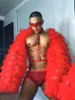 Stage Wear Fluffy Sleeves Coat Male Sexy Pole Dance Costume Red Chest Straps Sequins Shorts Nightclub Gogo Dancer Outfit