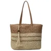 Женская соломенная сумка на шнурке, модная сумка, большая вместительная тканая сумка на плечо в полоску для путешествий, отдыха
