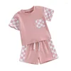 Set di abbigliamento Abiti estivi per bambine Completi a scacchiera Patchwork Girocollo T-shirt a maniche corte e pantaloncini elastici in vita