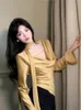 Women's Blouses Kimotimo Korean Satin Swinging Collar Tops Women Spring Long Sleeve Slim Halter Shirts Temperament Folds Waist All Match