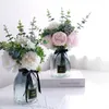 Flores decorativas, simulación de peonía, ramo de rosas, conjunto de flores falsas para boda con jarrón, arreglo de seda para el suelo de la sala de estar del hogar