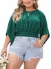 Gibsie Plus Size Swiss Dot с рукавом 3/4, укороченный топ для женщин, новинка 2024 года, летняя короткая блузка с вырезом и завязкой на спине, милые повседневные женские рубашки в стиле бохо 11mk #