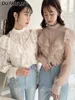 Blusas de mujer moda estilo japonés blusa elegante cuello alto primavera otoño Tops lazo grande fuera del hombro camisa de manga larga