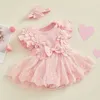 Beqeuewll Baby Girl 2 -częściowe stroje siatki koronkowe patchwork romper sukienka i opaska na głowę urocze ubrania letnie 240322