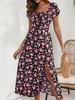 Kobiety eleganckie kwiatowe nadrukowane długie sukienki swobodne bez ramiączek krótkie rękaw Linia Linie Side Split Summer 240322