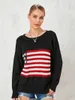 Kvinnors tröjor kvinnor amerikansk flagga tröja vintage tryck långärmad crewneck stickad jumper 90s estetik stickad pullover streetwear