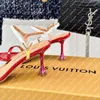 Explosion Nya kvinnors 1AC8VZ Blossom Sandal Red Four Strömmande färger Patent Calf Leather Straps High Heel Flower-formade guldfärgade metallsandaler