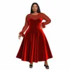 plus Size Cocktail Party Midi Dres Elegant Red Fall Winter Crew Neck Lg Sleeve See Through Veet Midi Dres W3qB#