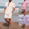 Mens Casual Hawaii Suits Fashion Handsome Solid Color Shirt Beach Shorts 2 Piece Sets Summer Holiday Vacation Seaside Wear 240325