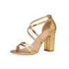 Estate nuovo oro tacchi spessi francese tacco a una linea scarpe da donna punta incrociata punta aperta sandali con tacco alto alla moda