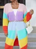 OneLink Rainbow Strip Color LG Sleeve Plus Size Women's Open Cardigan Knee Length Sweater Jacket Oversize Clothing Winter 2022 E7H7#