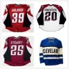 24S Custom AHL Cleveland Lake Erie Monsters 25 Stewart 20 Mackenzie 39 Galiardi Hockey Jerseys Rouge Blanc Bleu Logos Cousu Taille S-4xl