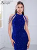 Robes de piste Bleu Perles Sexy Halter Sans Manches Robe De Soirée De Mariage Stretch Paillettes Longue Soirée De Bal O Cou Longueur De Plancher Robes D'été 2024 T240330