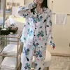 Pijamas femininos senhora pijamas floral impressão de seda conjunto de pijama para mulher manga longa camisa homewear calças largas perna primavera verão