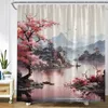 Rideaux de douche Paysage japonais Rideau Fleurs roses Arbre Montagne Lac Pavillon Encre Art Bain Polyester Tissu Salle de bain Décor