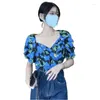 Blusas femininas de alta qualidade algodão azul impressão topos elegante moda cruz com decote em v manga puff camiseta verão feminino curto tees praia camisa