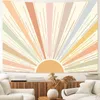 Tapices Boho Sun Tapiz Colgante de pared Retro 70s Abstracto Rayas Estética Amanecer Vintage para dormitorio Sala de estar