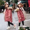 Down Coat 2021 Girl Clothing Winter Warm Hooded Jacket Cotton-Padded Long Clothes Children Thicken Parka Overcoat Faux Fur 4-14 Y Drop Dhged