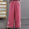 Pantaloni da donna stile cinese vita elastica lunga pantaloni casual a gamba larga tasche design ampio vestibilità retrò