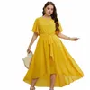 new Arrivals Short Sleeves Clothing For Ladies O-neck Irregular Bottom Yellow Lg Dr Two-layer Plus Size Dres R3kR#