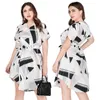 Large Size Womens Clothing Summer Mid Length Dress For Plump Girls Casual Geometric Three Quarter Sleeve Printed Shirt