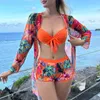 Kvinnors badkläder 2024 Sexig 3 -stycken Bikini Set Cover Up Swimsuit High midjebikini för kvinnor långärmad push -topp juniorer