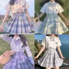 korean School Girls Uniform Pleated Skirts Japanese School Uniform High Waist A-Line Plaid Skirt Sexy JK Uniforms Woman Full set f10d#