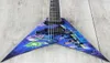 Travail manuel Dave Mustaine Rust In Peace Blue Flying V Guitare électrique Micros actifs Boîte de batterie 9 V Matériel noir Fin Inla7187731