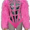 luxury show Bar Nightclub Performance Pink Stage Dance Bodysuit Large Fur Shiny Leather Singer Costume U942#