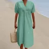 Robes décontractées Couleur unie Lâche Femmes 2024 Été Col V Manches courtes Plage Robe longue Plus Taille Pull Tunique Fête