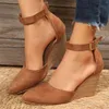 Dress Shoes Women's Summer Fashionable Style Baotou Solid Suede Pointed Slope Heel Thick Bottom Buckle Sandals Zapatos Mujer 2024 Tendencia