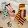 Women Socks Trends Woman Mixed-Color Cotton Casual Femme Striped Absorb Sweat Soft Novelties Crew For Japanese Style