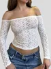 Camisetas para Mujer Tops Transparentes De Encaje para Mujer Camisa De Corte Bajo con Cuello Cuadrado De Manga Larga Top Corto Ajustado Floral Blusa De Color Sólido