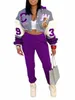 LW Plus Size New Autumnwinter Women Purple LG Sleeves Crop Top Teddy Bear Letter Print Tracksuit hoodiepants 2st Set Q2D4#