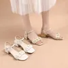 Dress Shoes 2024 Summer Women's One Character Strip Middle Heel Sandals Fairy Wind French Matching Skirts