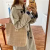 Saco quente inverno feminino sacos de lona de lã xadrez vintage feminino casual tote pano macio bolsa senhoras padrão listrado ombro