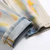 Men's Jeans Men Color Paint Spraying Printed America Streetwear Slim Pencil Pants Zipper Stretch Denim Trousers Fit