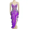 new Sexy Purple Sequins Crystals Feather Lg Dr Women Dancer Team Latin Modern Dance Costume Nightclub Bar Party Stage Wear w4sb#