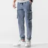 Denim pantalon hommes jeans à la mode Style coréen à lacets jean couleur unie Multi poches cheville attaché Cargo pantalon Denim pantalon 240323