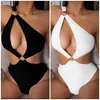 Women's Swimwear New Arrival Padded Ring Sexy Solid Color One-piece Swimwear Cross Single Shoulder Hollow Bikini Swimming Suits for Women T240330