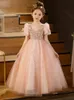 Nouveau rose filles robes princesse fête dentelle fleur fille robe bébé enfants été mer anniversaire enfants vêtements manches courtes filles Pageant robe Tulle pageant robe