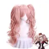 Party Supplies Morematch Enoshima Junko Cosplay Wig Pink Long Wavy and Horsetail Clip värmebeständig huvudbonad