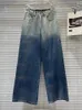 Zweiteilige Damenhose, lockere, beschichtete, bedruckte Jeansjacken, Farbverlauf, Blau, Silber, gerade plattierte Jeans, 2024, Sommermode, 11XX8937